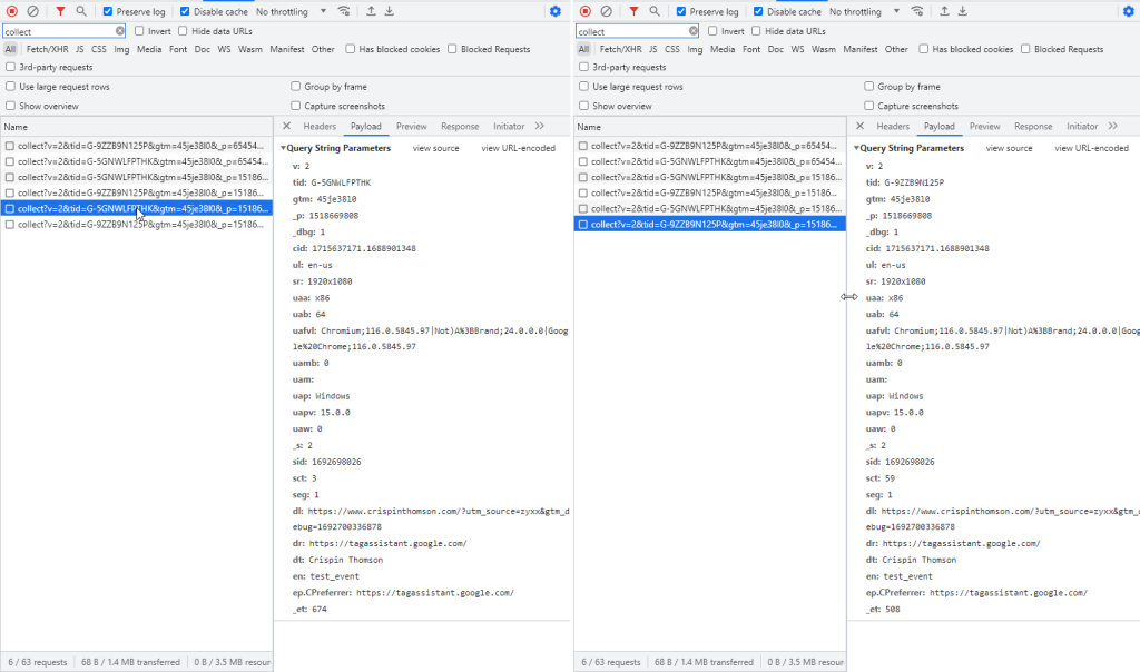Two test events sent to two properties.